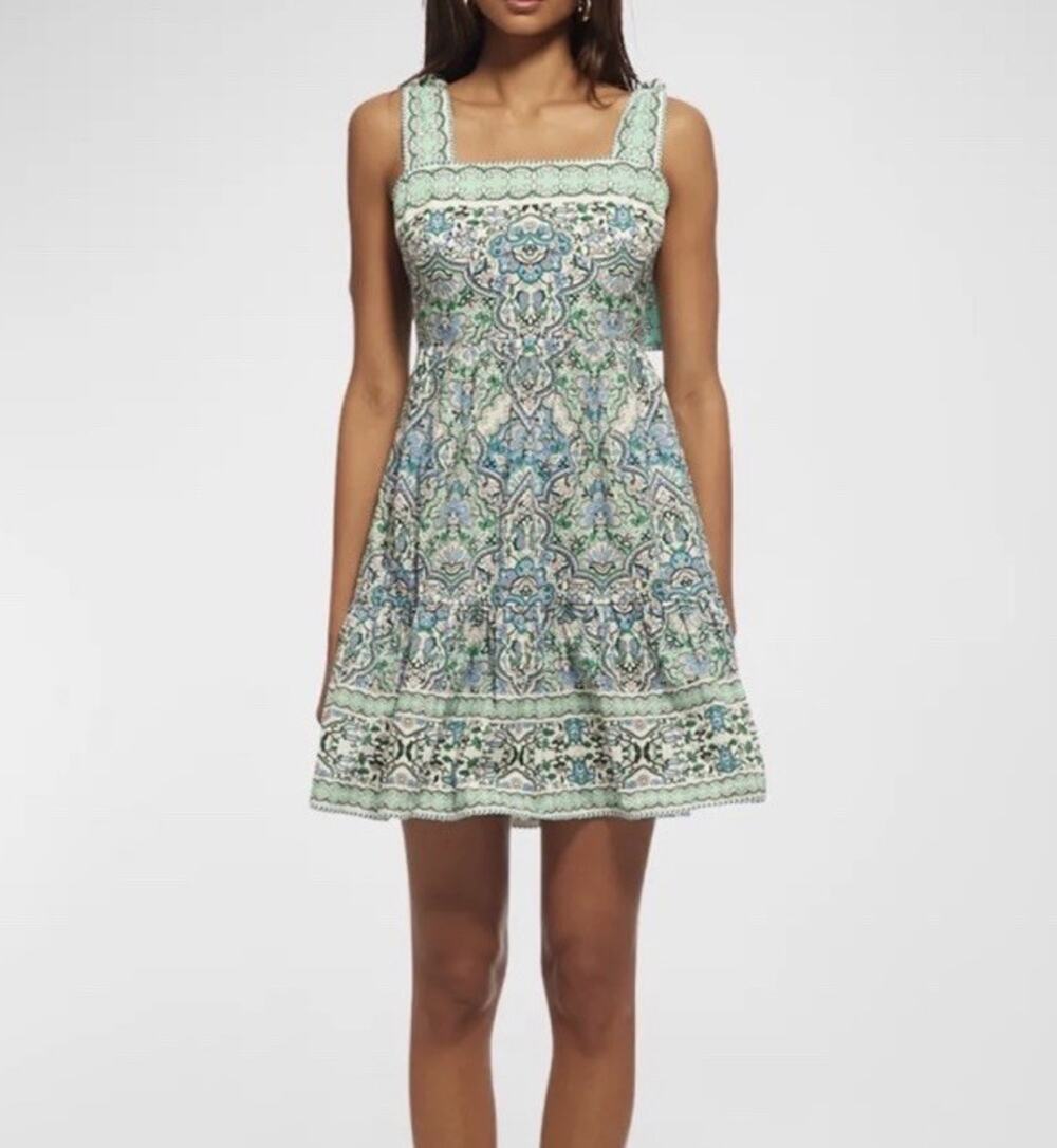 Shoshanna Raleigh Tiered Square-Neck Mini Dress, Mint Green | Size 4